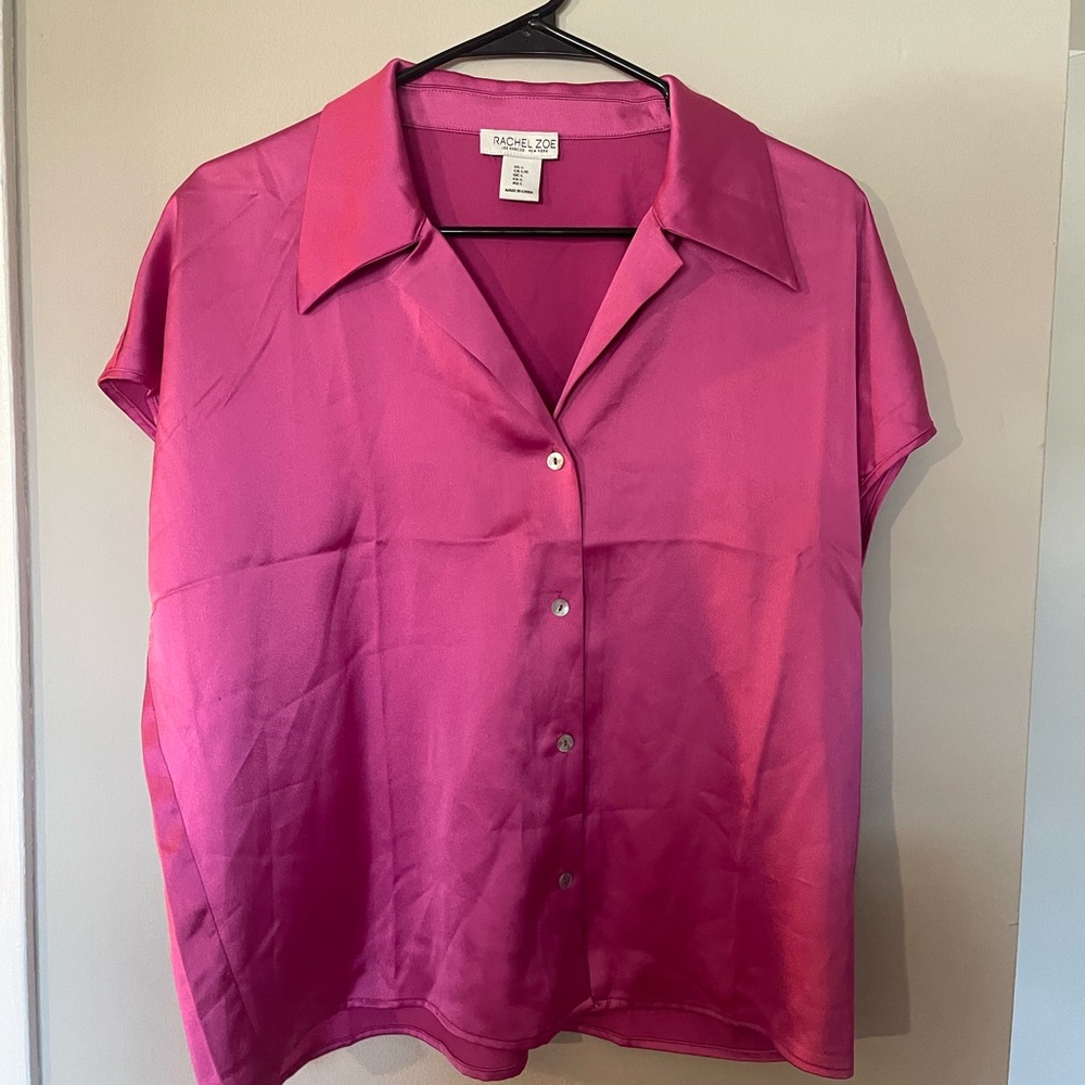 Rachel Zoe pink satin blouse with collar and buttons #blouse